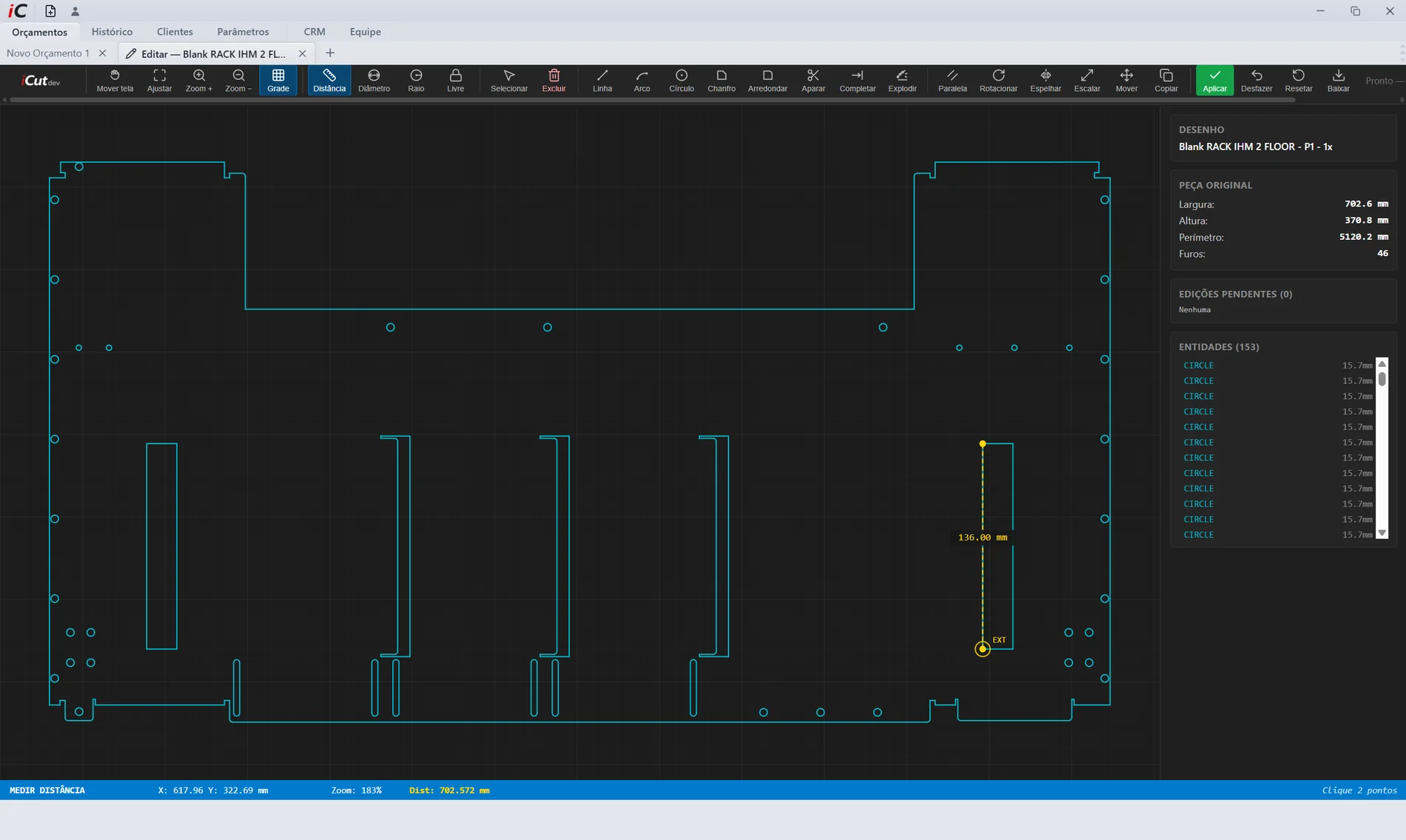 Editor de peça do iCutdev mostrando as dimensões lidas do desenho e as ferramentas de ajuste