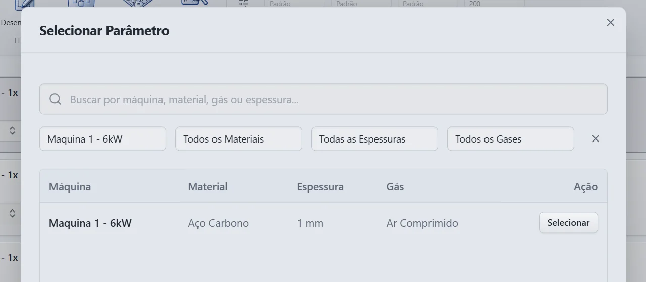 Janela "Selecionar Parâmetro" do iCutdev com máquina, material, espessura e gás