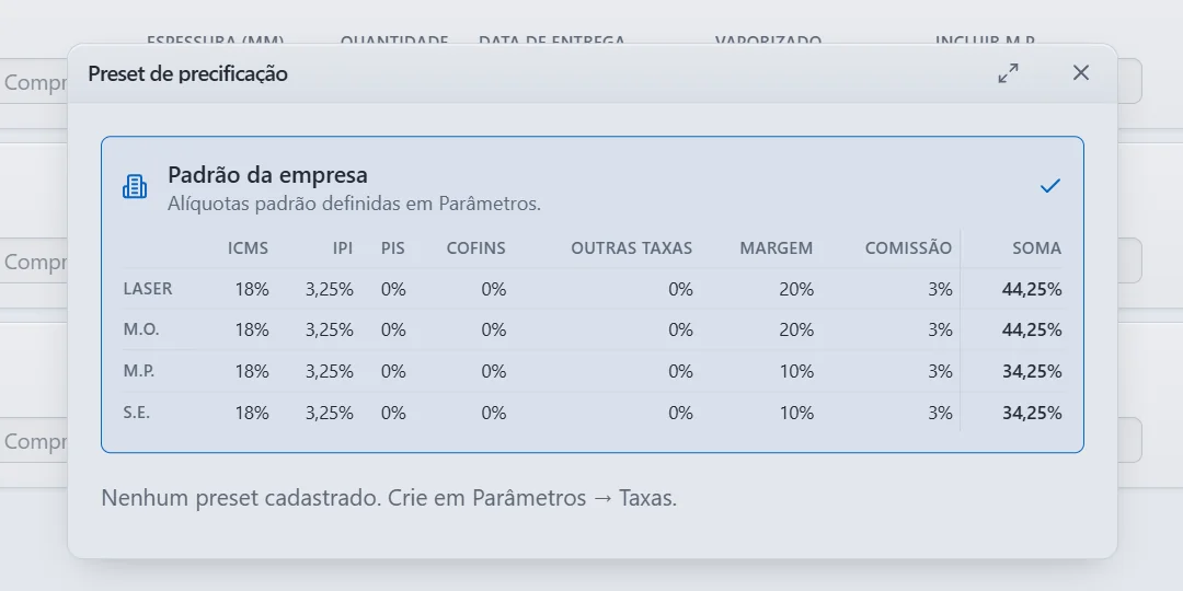 Preset de precificação do iCutdev com as alíquotas e a margem por tipo de custo