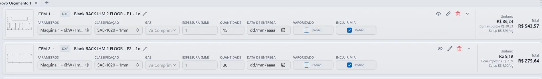Itens do orçamento no iCutdev com preço unitário e total de cada um