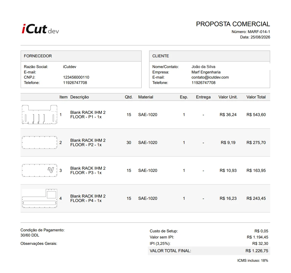 Proposta comercial em PDF gerada pelo iCutdev, com os itens e o valor total